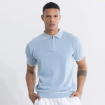 Blue Self Design Slim Fit Pure Cotton T-shirt