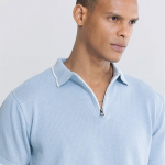 Blue Self Design Slim Fit Pure Cotton T-shirt