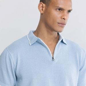 Blue Self Design Slim Fit Pure Cotton T-shirt