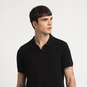 Self Design Regular Fit Polo Collar Cotton T-shirt